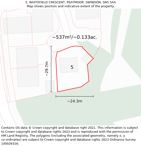 5, WHITEFIELD CRESCENT, PEATMOOR, SWINDON, SN5 5AA: Plot and title map