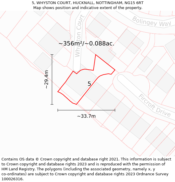 5, WHYSTON COURT, HUCKNALL, NOTTINGHAM, NG15 6RT: Plot and title map