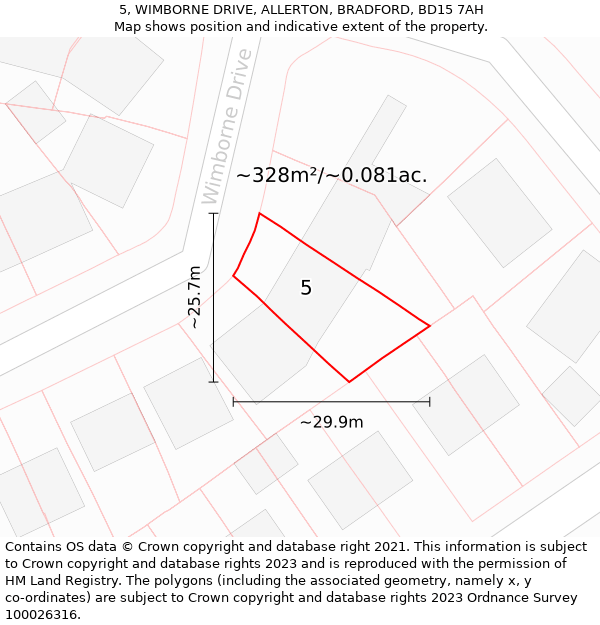 5, WIMBORNE DRIVE, ALLERTON, BRADFORD, BD15 7AH: Plot and title map