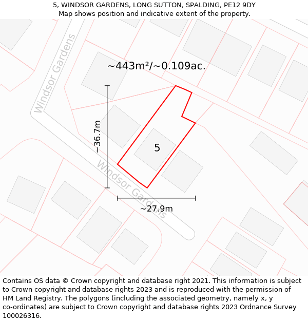 5, WINDSOR GARDENS, LONG SUTTON, SPALDING, PE12 9DY: Plot and title map