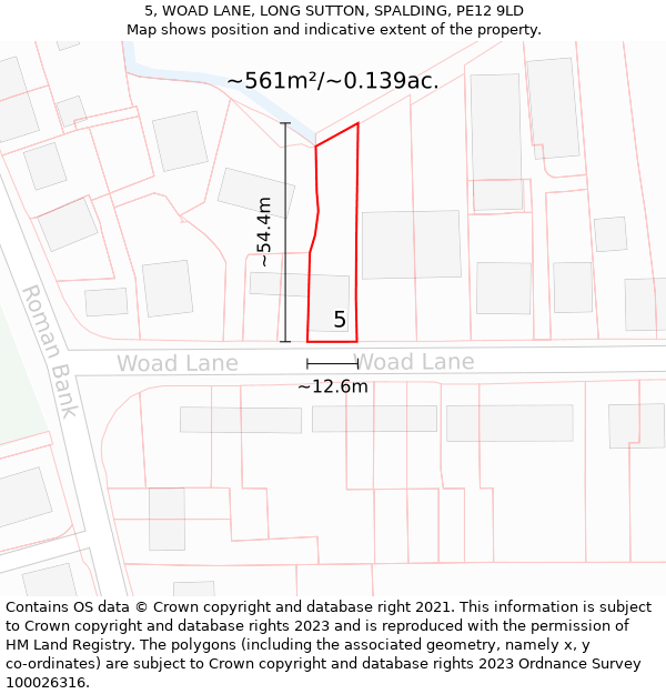 5, WOAD LANE, LONG SUTTON, SPALDING, PE12 9LD: Plot and title map