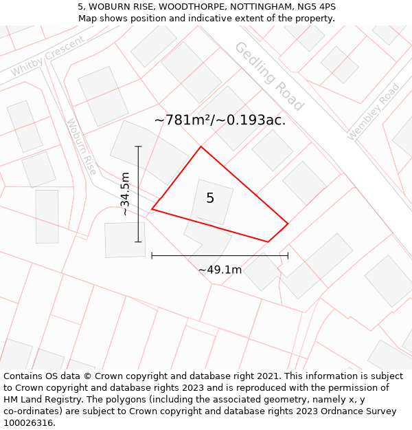 5, WOBURN RISE, WOODTHORPE, NOTTINGHAM, NG5 4PS: Plot and title map