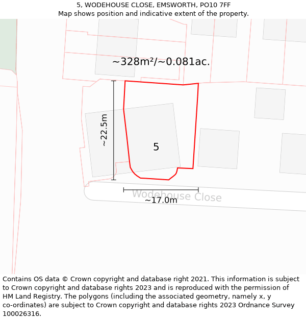 5, WODEHOUSE CLOSE, EMSWORTH, PO10 7FF: Plot and title map