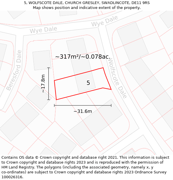 5, WOLFSCOTE DALE, CHURCH GRESLEY, SWADLINCOTE, DE11 9RS: Plot and title map