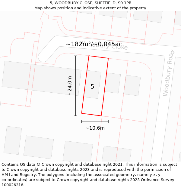 5, WOODBURY CLOSE, SHEFFIELD, S9 1PR: Plot and title map