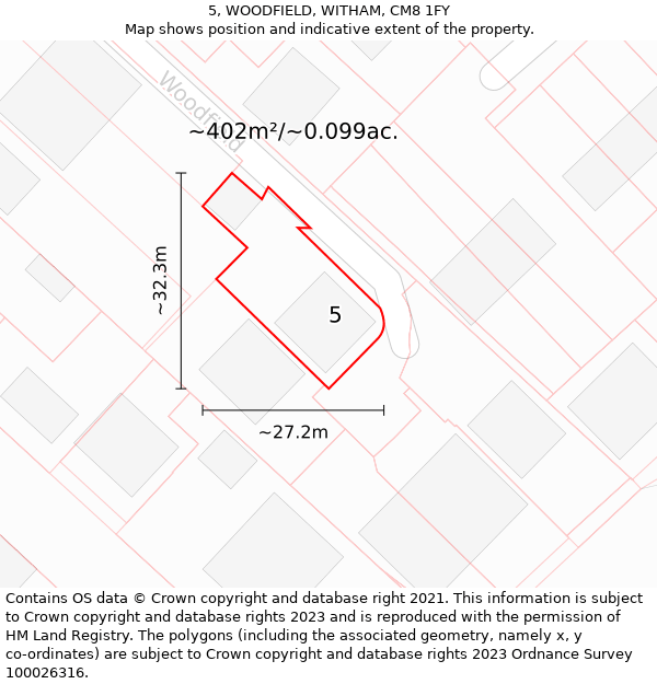 5, WOODFIELD, WITHAM, CM8 1FY: Plot and title map