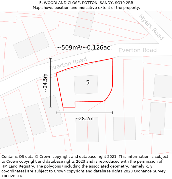 5, WOODLAND CLOSE, POTTON, SANDY, SG19 2RB: Plot and title map