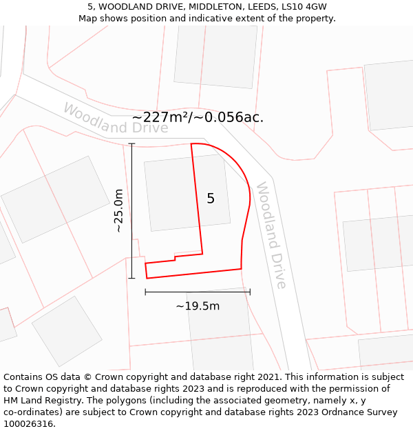 5, WOODLAND DRIVE, MIDDLETON, LEEDS, LS10 4GW: Plot and title map