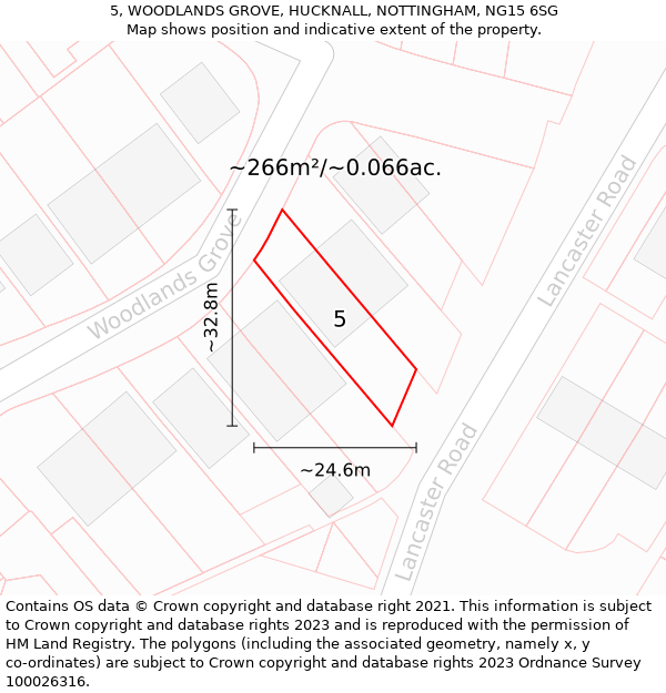 5, WOODLANDS GROVE, HUCKNALL, NOTTINGHAM, NG15 6SG: Plot and title map