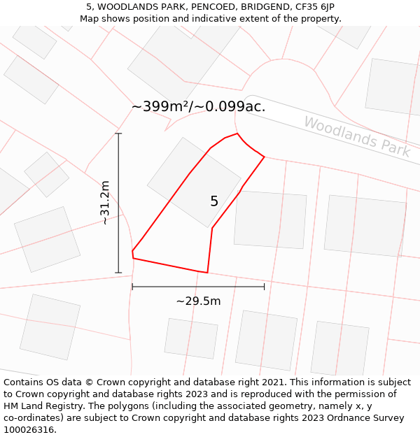 5, WOODLANDS PARK, PENCOED, BRIDGEND, CF35 6JP: Plot and title map