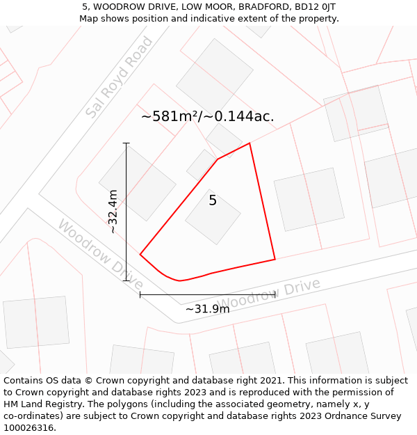 5, WOODROW DRIVE, LOW MOOR, BRADFORD, BD12 0JT: Plot and title map