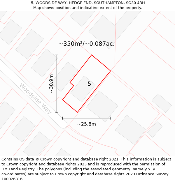 5, WOODSIDE WAY, HEDGE END, SOUTHAMPTON, SO30 4BH: Plot and title map