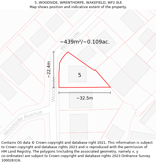 5, WOODSIDE, WRENTHORPE, WAKEFIELD, WF2 0LE: Plot and title map