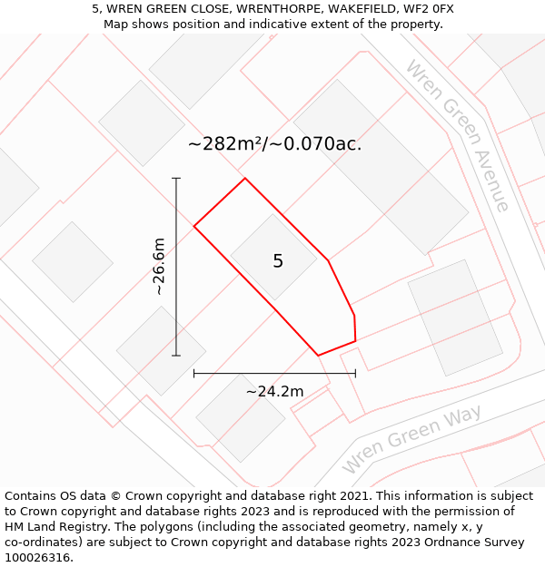 5, WREN GREEN CLOSE, WRENTHORPE, WAKEFIELD, WF2 0FX: Plot and title map