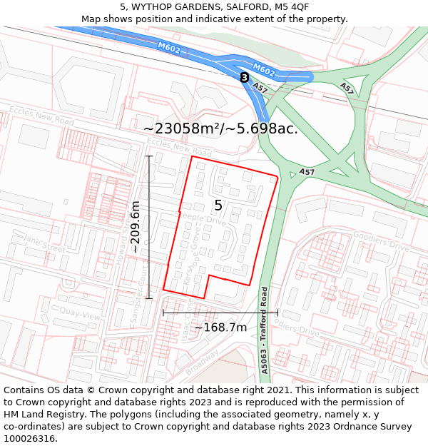 5, WYTHOP GARDENS, SALFORD, M5 4QF: Plot and title map