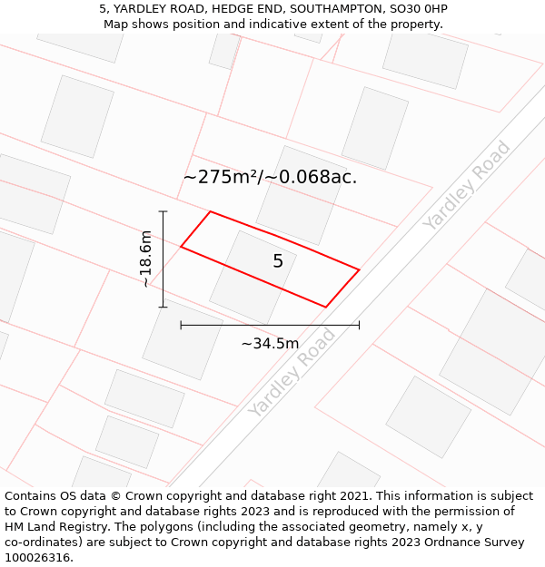 5, YARDLEY ROAD, HEDGE END, SOUTHAMPTON, SO30 0HP: Plot and title map