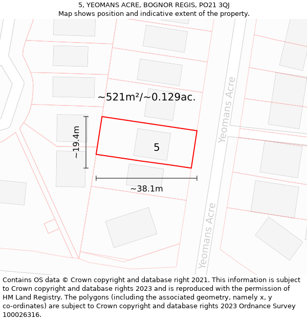 5, YEOMANS ACRE, BOGNOR REGIS, PO21 3QJ: Plot and title map