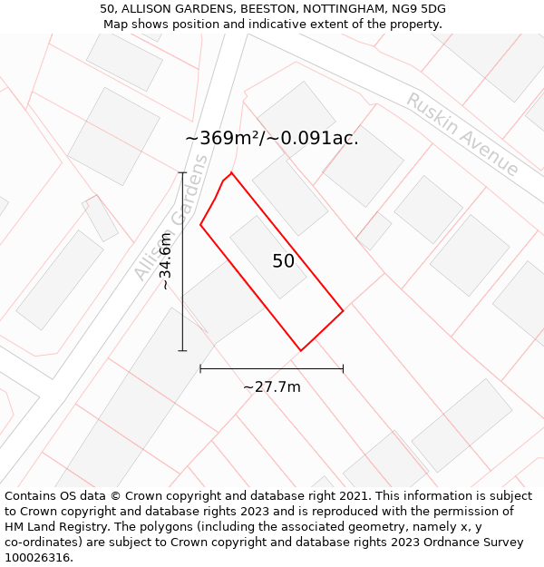 50, ALLISON GARDENS, BEESTON, NOTTINGHAM, NG9 5DG: Plot and title map