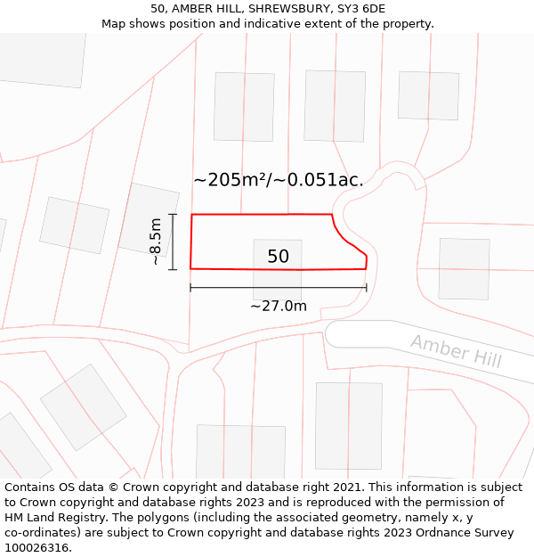 50, AMBER HILL, SHREWSBURY, SY3 6DE: Plot and title map