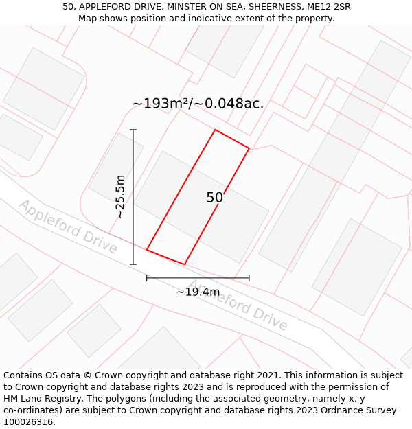 50, APPLEFORD DRIVE, MINSTER ON SEA, SHEERNESS, ME12 2SR: Plot and title map