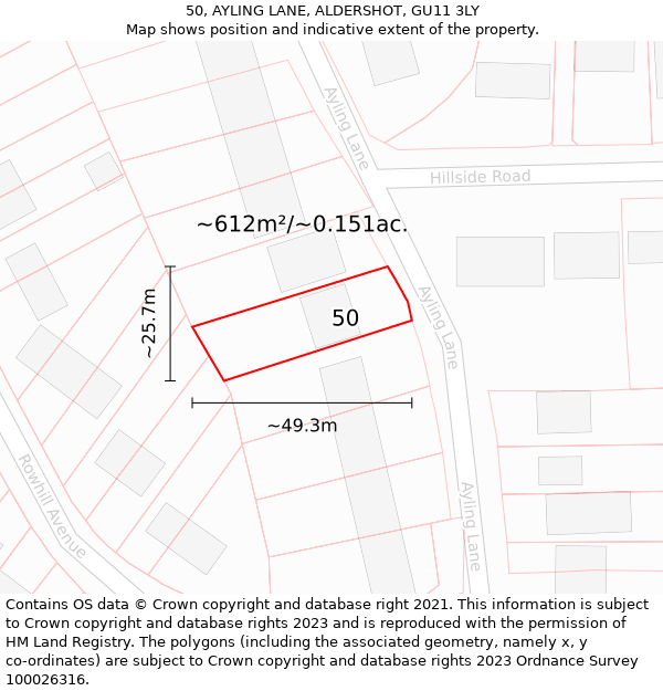 50, AYLING LANE, ALDERSHOT, GU11 3LY: Plot and title map