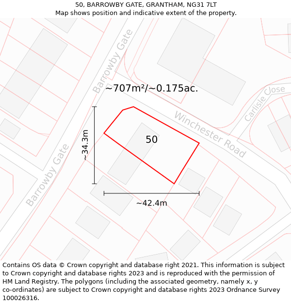 50, BARROWBY GATE, GRANTHAM, NG31 7LT: Plot and title map