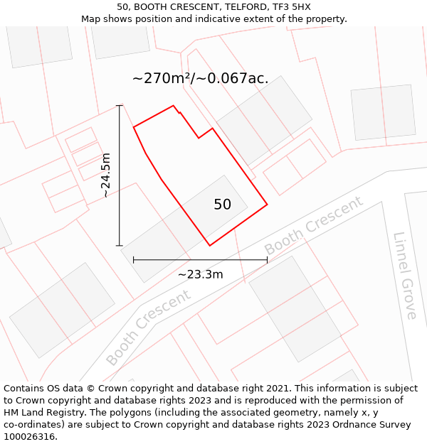 50, BOOTH CRESCENT, TELFORD, TF3 5HX: Plot and title map
