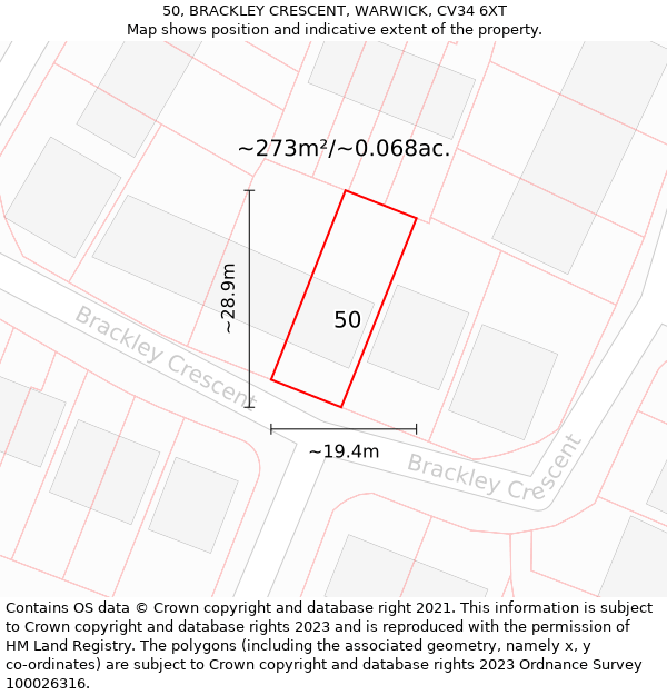 50, BRACKLEY CRESCENT, WARWICK, CV34 6XT: Plot and title map