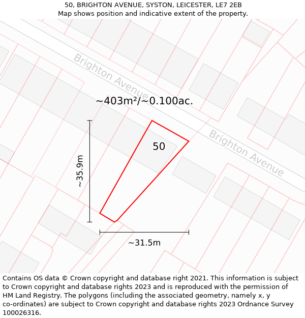 50, BRIGHTON AVENUE, SYSTON, LEICESTER, LE7 2EB: Plot and title map