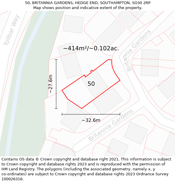 50, BRITANNIA GARDENS, HEDGE END, SOUTHAMPTON, SO30 2RP: Plot and title map