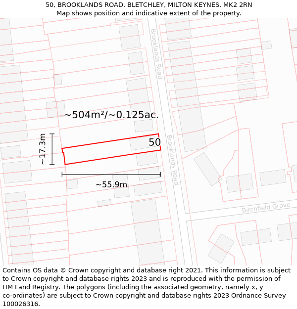 50, BROOKLANDS ROAD, BLETCHLEY, MILTON KEYNES, MK2 2RN: Plot and title map