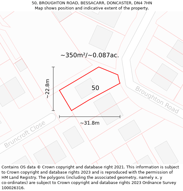 50, BROUGHTON ROAD, BESSACARR, DONCASTER, DN4 7HN: Plot and title map