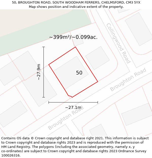 50, BROUGHTON ROAD, SOUTH WOODHAM FERRERS, CHELMSFORD, CM3 5YX: Plot and title map