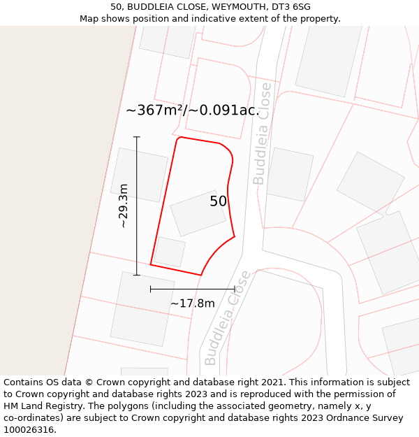 50, BUDDLEIA CLOSE, WEYMOUTH, DT3 6SG: Plot and title map