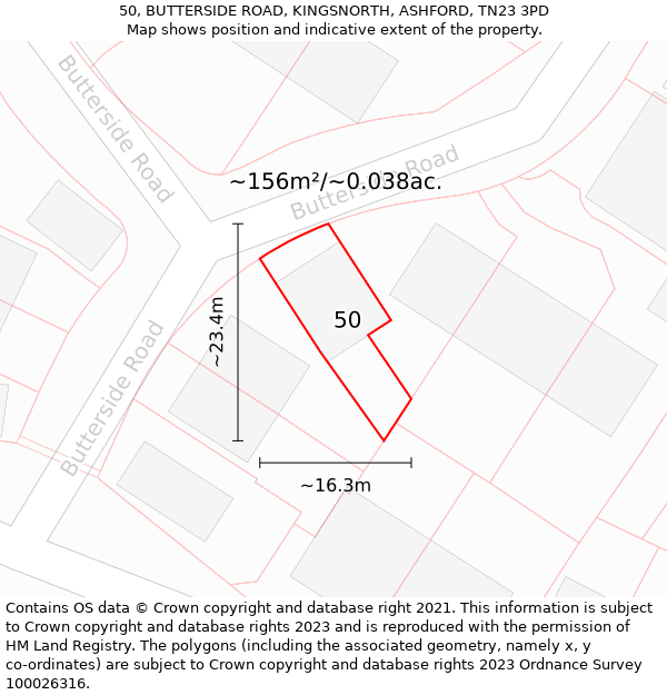 50, BUTTERSIDE ROAD, KINGSNORTH, ASHFORD, TN23 3PD: Plot and title map