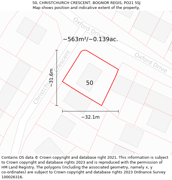 50, CHRISTCHURCH CRESCENT, BOGNOR REGIS, PO21 5SJ: Plot and title map