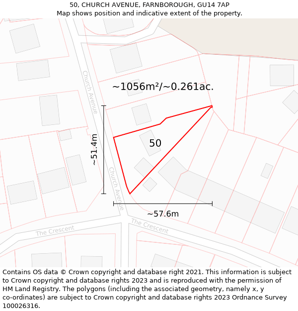 50, CHURCH AVENUE, FARNBOROUGH, GU14 7AP: Plot and title map