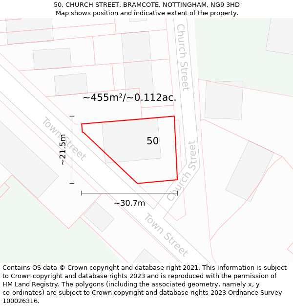 50, CHURCH STREET, BRAMCOTE, NOTTINGHAM, NG9 3HD: Plot and title map