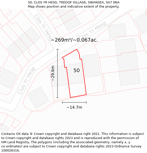 50, CLOS YR HESG, TREGOF VILLAGE, SWANSEA, SA7 0NA: Plot and title map