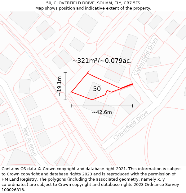 50, CLOVERFIELD DRIVE, SOHAM, ELY, CB7 5FS: Plot and title map