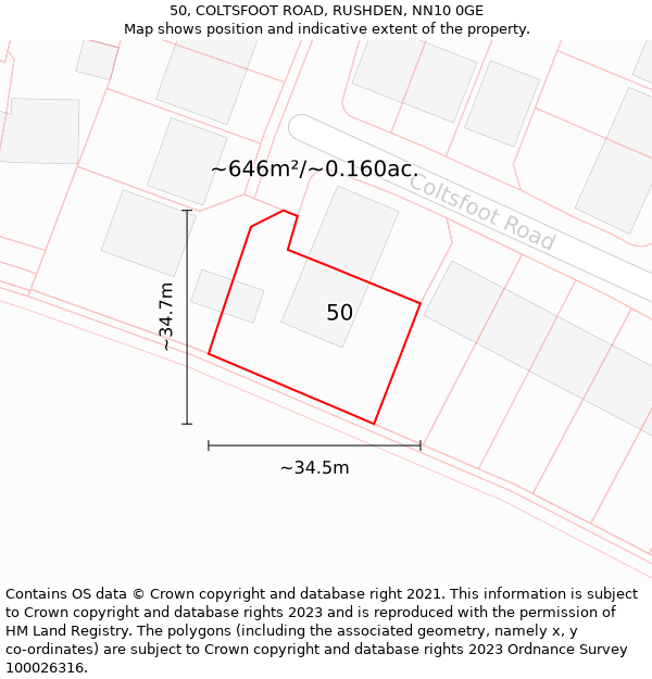 50, COLTSFOOT ROAD, RUSHDEN, NN10 0GE: Plot and title map