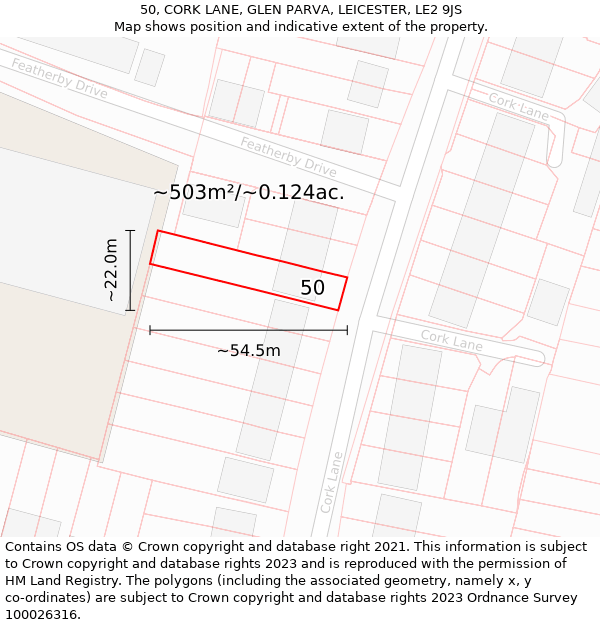 50, CORK LANE, GLEN PARVA, LEICESTER, LE2 9JS: Plot and title map