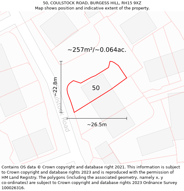 50, COULSTOCK ROAD, BURGESS HILL, RH15 9XZ: Plot and title map