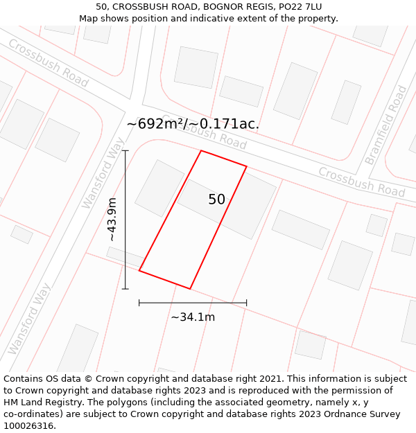 50, CROSSBUSH ROAD, BOGNOR REGIS, PO22 7LU: Plot and title map