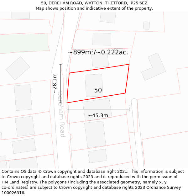 50, DEREHAM ROAD, WATTON, THETFORD, IP25 6EZ: Plot and title map