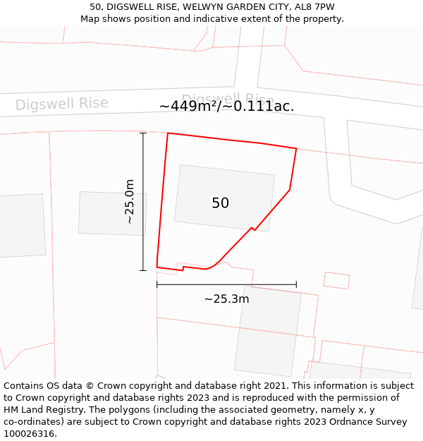 50, DIGSWELL RISE, WELWYN GARDEN CITY, AL8 7PW: Plot and title map