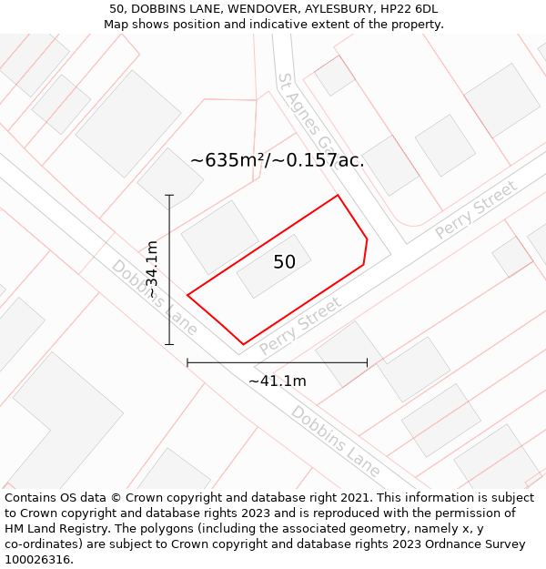 50, DOBBINS LANE, WENDOVER, AYLESBURY, HP22 6DL: Plot and title map