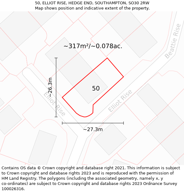 50, ELLIOT RISE, HEDGE END, SOUTHAMPTON, SO30 2RW: Plot and title map