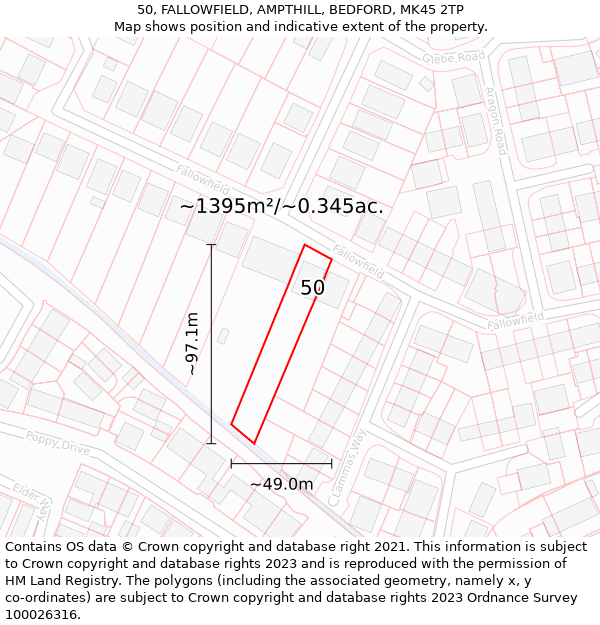 50, FALLOWFIELD, AMPTHILL, BEDFORD, MK45 2TP: Plot and title map