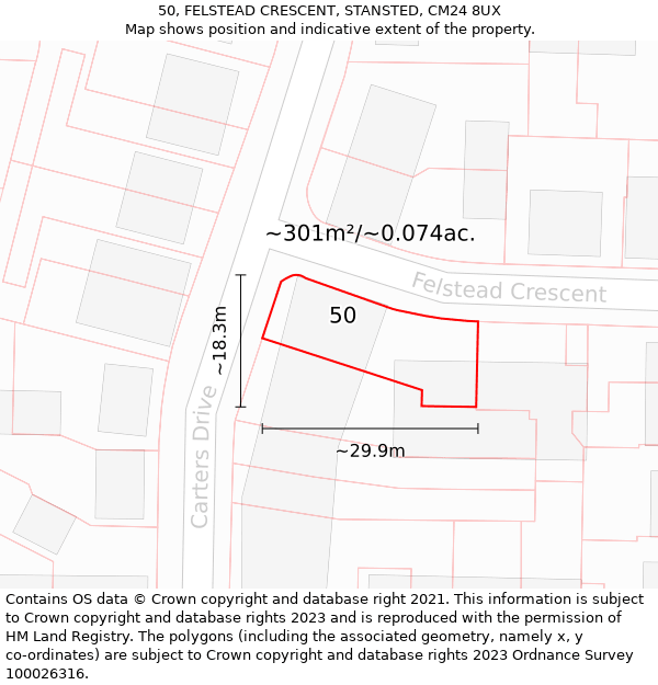 50, FELSTEAD CRESCENT, STANSTED, CM24 8UX: Plot and title map